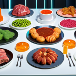 **

Prompt: Futuristic dining table filled with lab-grown meat dishes, 3D-printed pastries with intricate designs, vibrant vertical farm produce, and various vitamin supplements. Emphasize a clean, modern aesthetic with technological elements.

**