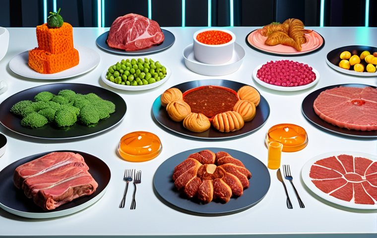 **

Prompt: Futuristic dining table filled with lab-grown meat dishes, 3D-printed pastries with intricate designs, vibrant vertical farm produce, and various vitamin supplements. Emphasize a clean, modern aesthetic with technological elements.

**